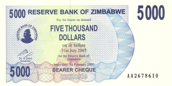 (009) Zimbabwe P45 - 5000 Dollars (2007)